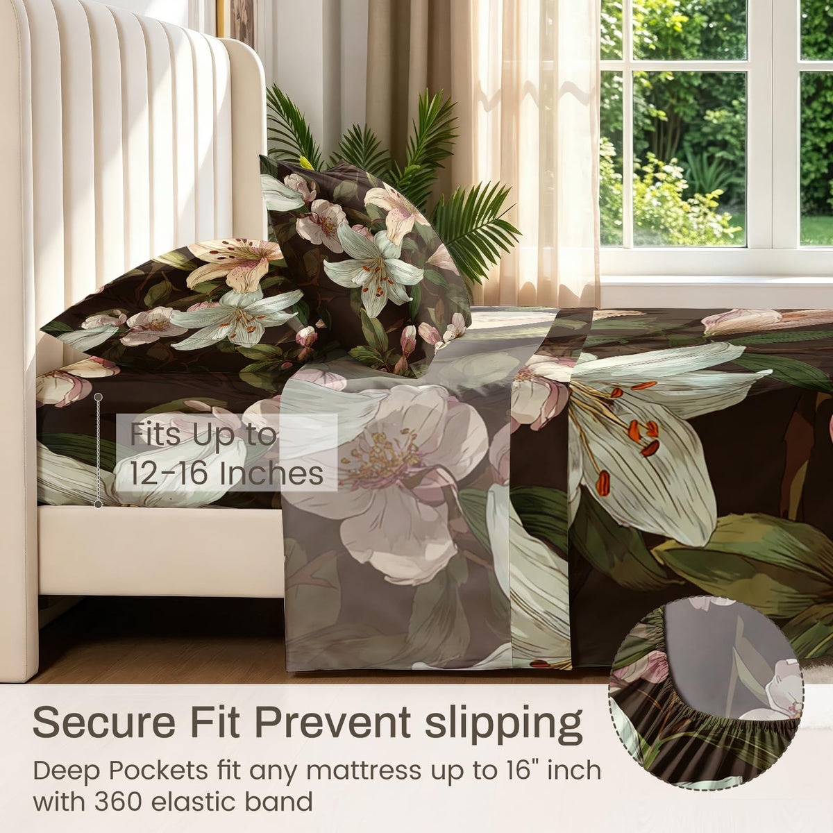 Lily Floral Sheet Set, 4 Pcs Queen Size Botanical Bed Sheets