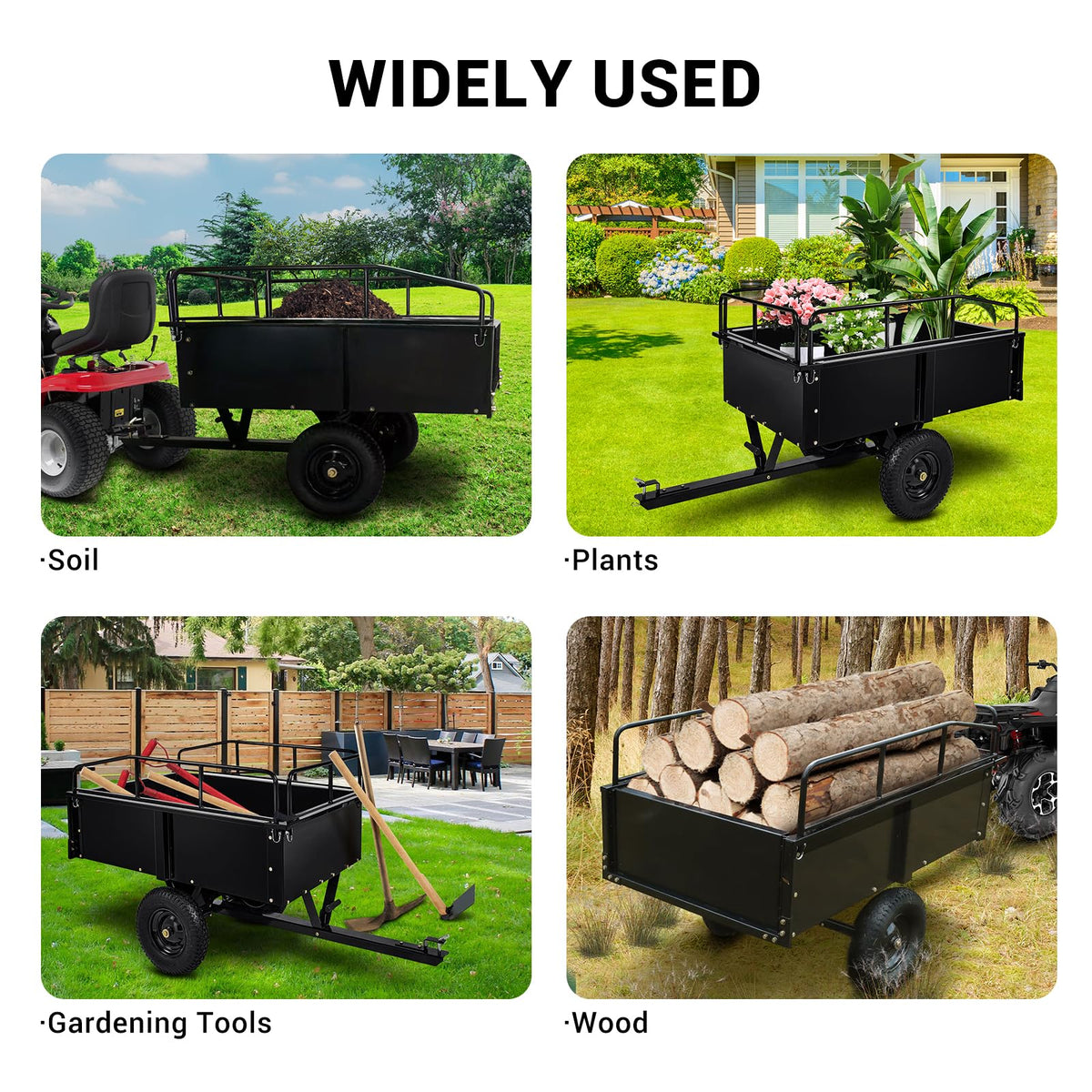 750 LBS Utility Trailer, 15 Cu.Ft Heavy Duty Steel Dump Cart Garden Trailer, with Removable Sides, Hand Pull & Foot Pedal Wagon for ATV, UTV, Lawn Mower, Tractor, Multipurpose Yard Trailer, Black