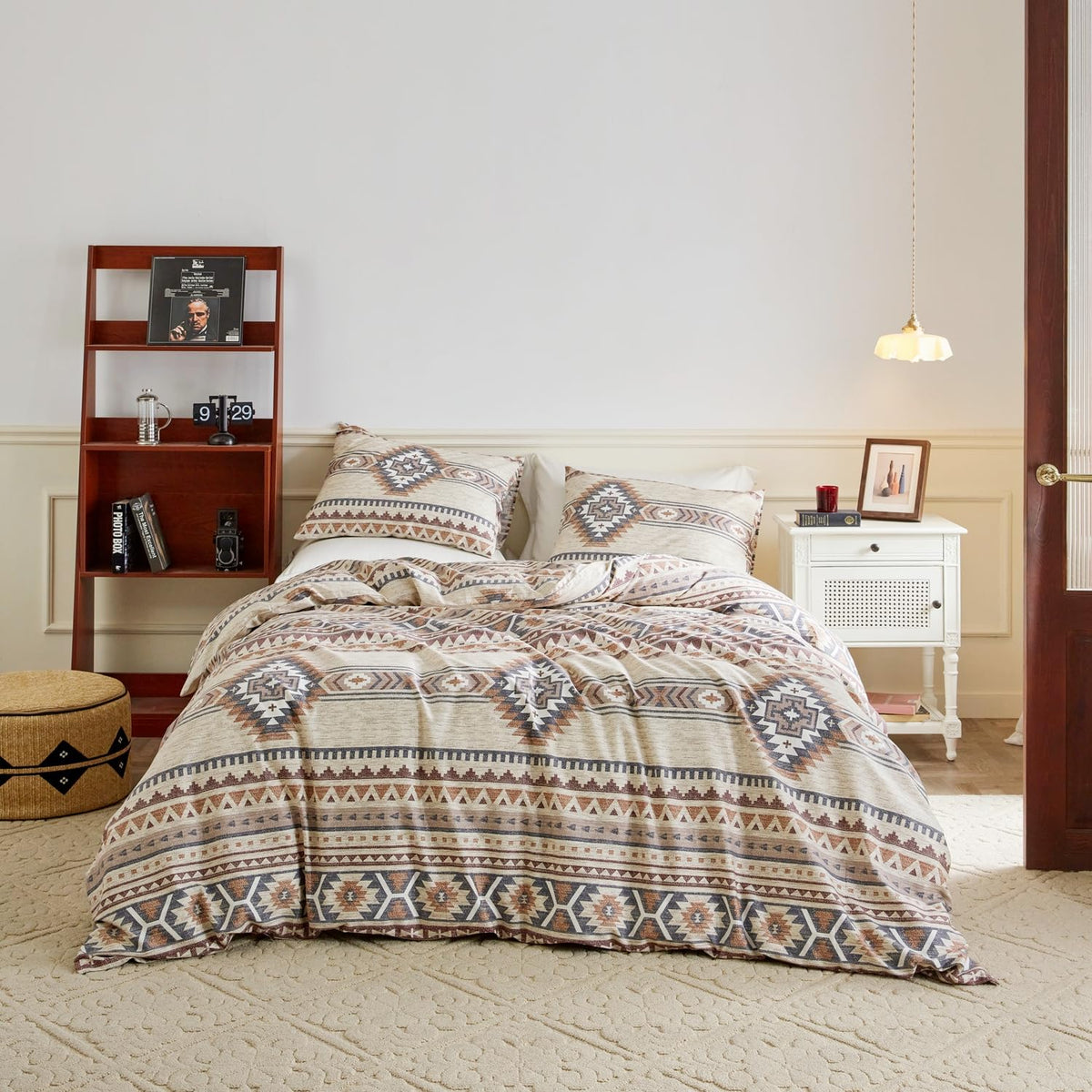 YuHeGuoJi Vintage Aztec Duvet Cover King 100% Cotton 3 Pcs Set 1 Brown Boho Triangle Duvet Cover with Zipper Ties 2 Pillowcases Western Tribal Geometric Bohemian Bedding Set Soft
