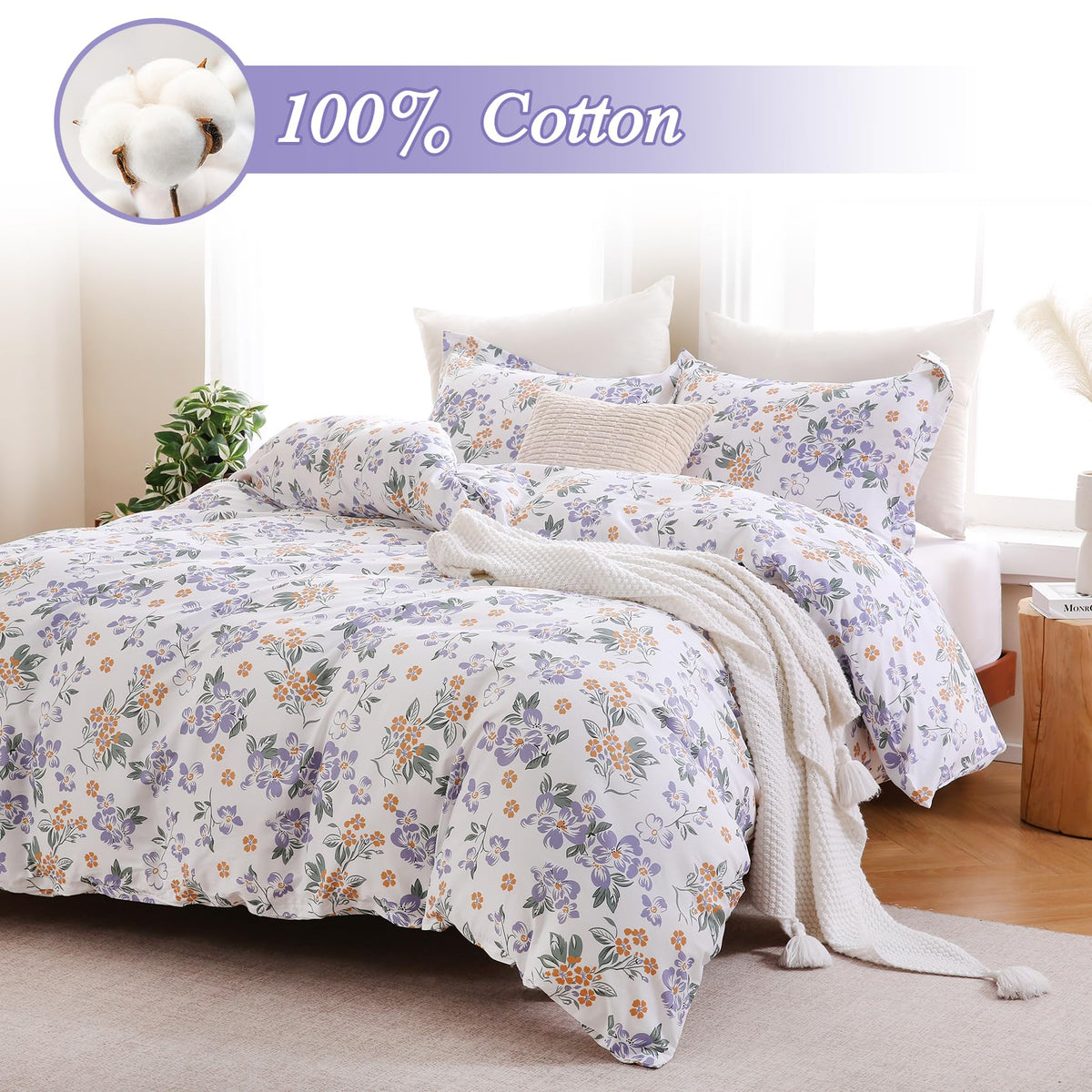 Ocharo Purple Floral 100% Cotton Duvet Cover King Size,Reversible Modern Orange Floral Bedding Set Cotton with Zipper Closure,Soft 3 Pieces Chic Abstract Flowers Comforter Cover with 2 Pillow Shams