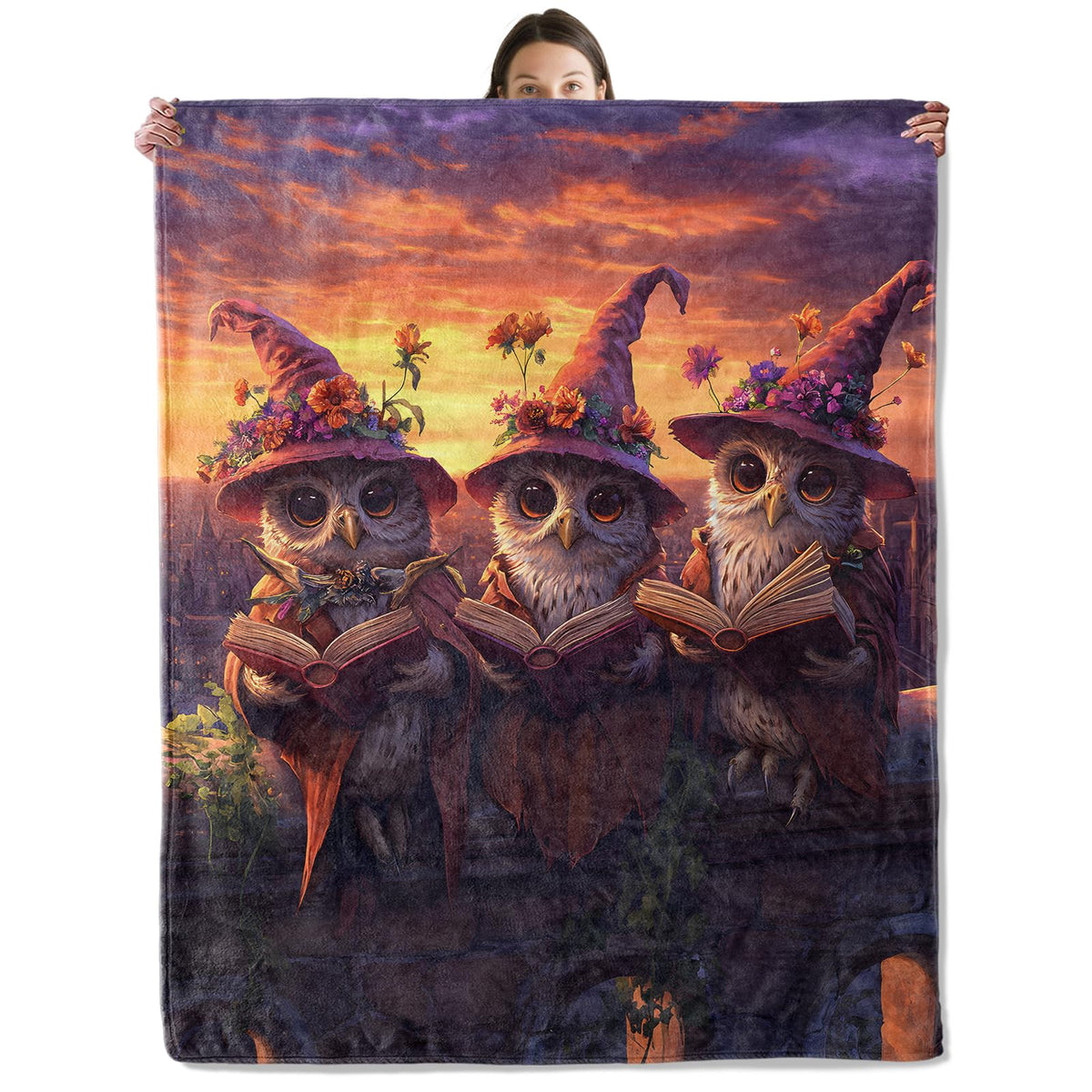 wyxdwh Magical Owl Witches Blanket, Cozy Flannel Owls in Witch Hats Throw Blanket for Couch Outdoor, Plush Soft Lightweight Travel Blankets for Bed Decor and Gifts, for Women Men Adults Kids 50"x60"