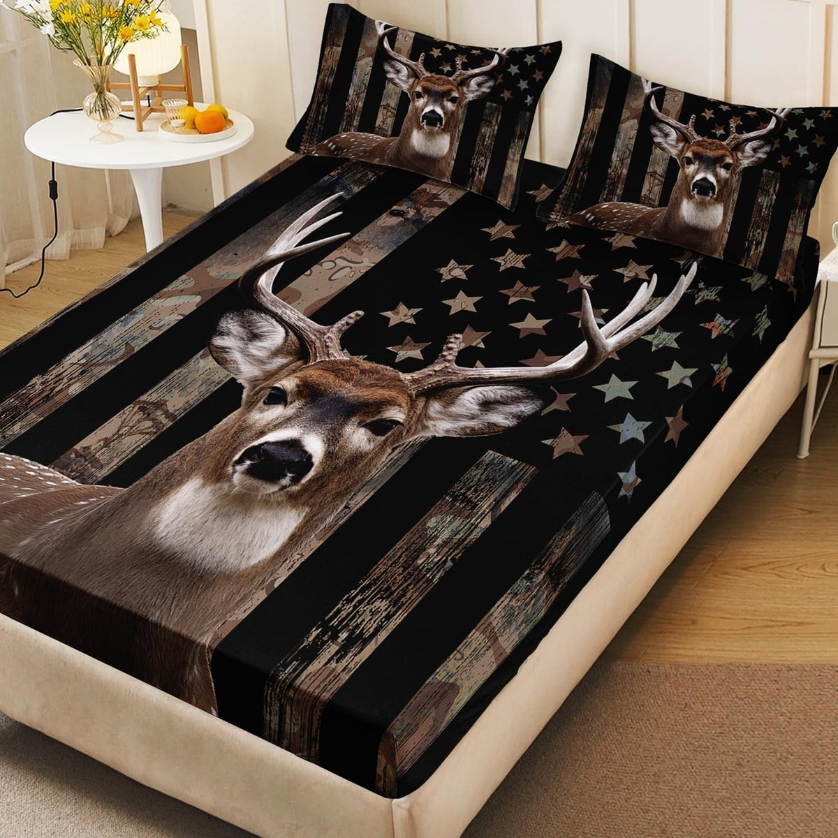 HOSIMA Deer Hunting Camo Bedding,Hunter Bedding Set American Flag Fitted Sheet Set Full Size for Adult Teen Boy Bedroom Decor,1 Fitted Sheet+2 Pillowcases.
