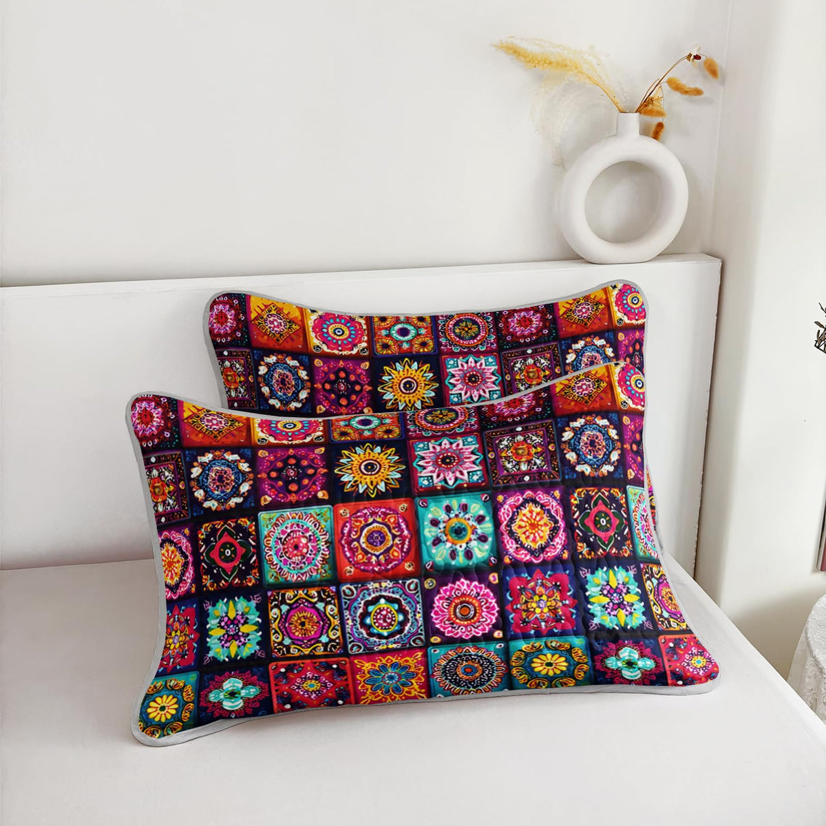 AILONEN Boho Floral Quilt Set Queen Size, Colorful Mandala Bohemian Ethnic Flower Bedspread Coverlet,Microfiber Bed Cover 3Pcs,2 Pillowcases