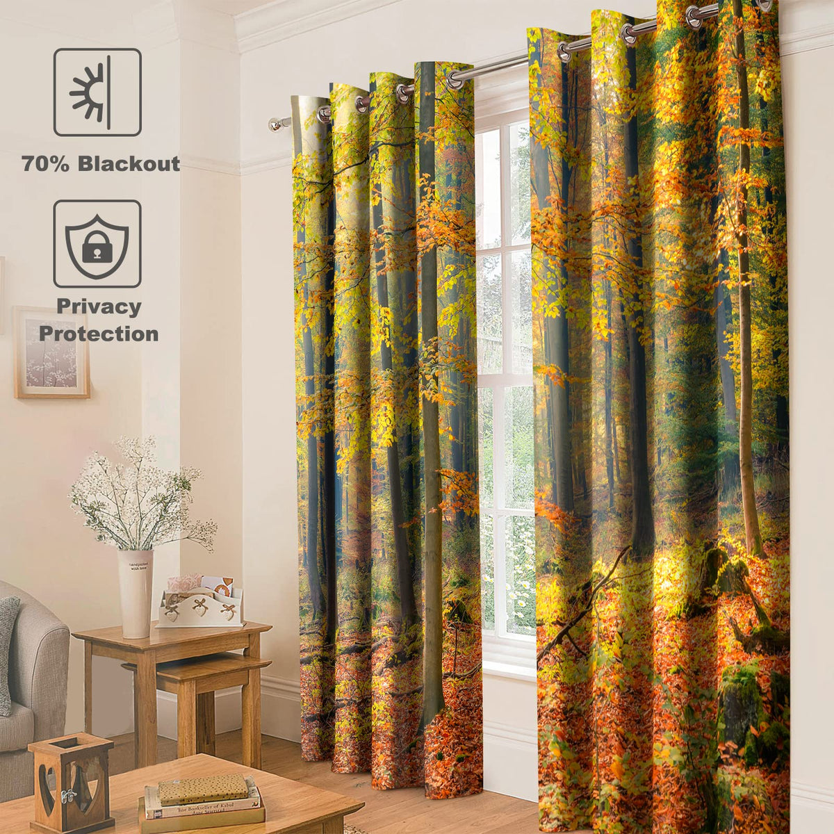 Jekeno Fall Tree Forest Blackout Curtains Jungle Autumn Tree Yellow Leaves Fall Nature Scenery Decor Home Bedroom Living Room Grommet Window Drapes 2 Panel Set, 52"x63"