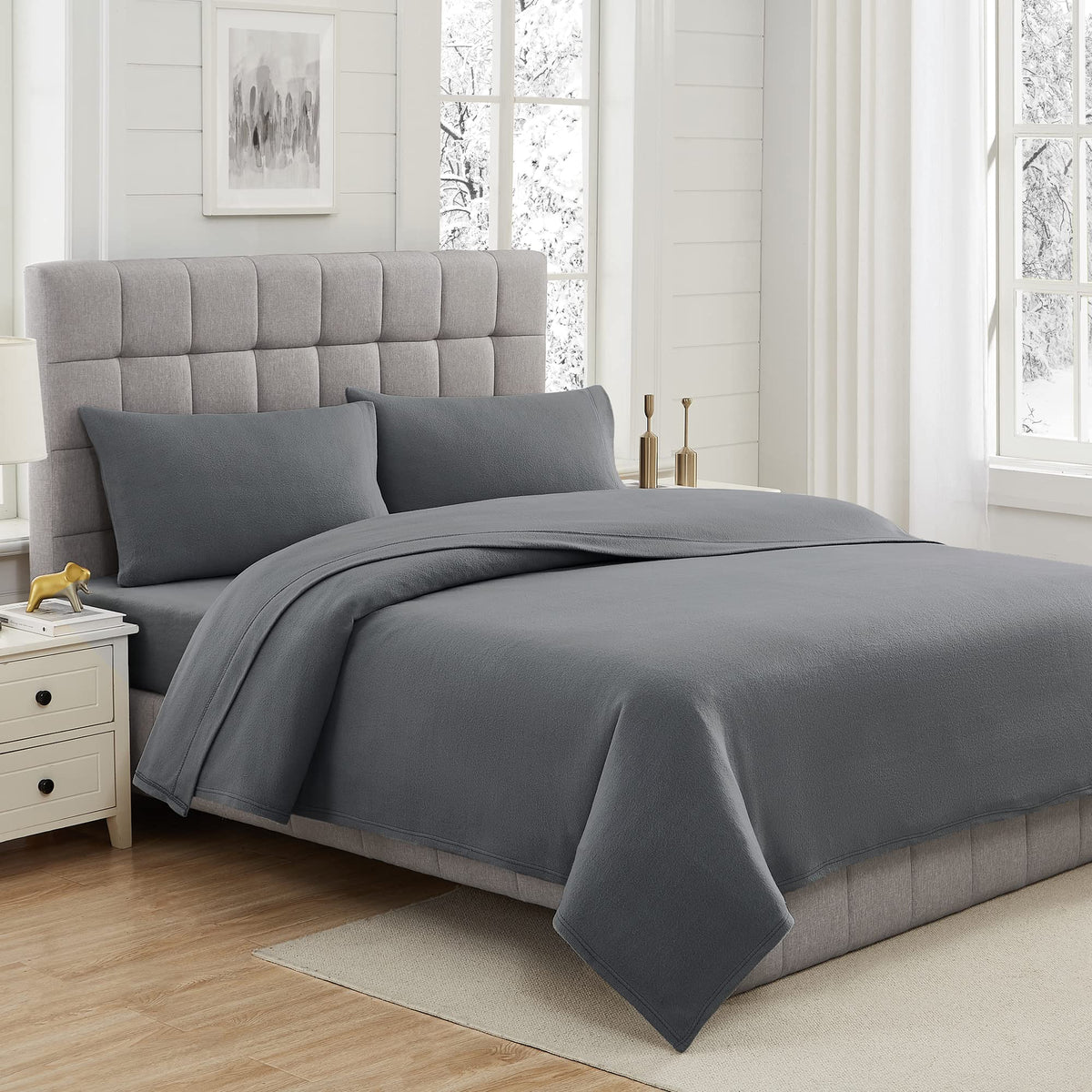 Viviland Plush Micro Fleece Full Bed Sheet Set - Soft Polar Fleece Velvet Sheets - Extra Warm Winter Flannel Bed Sheets with Deep Pocket - Dark Gray - Full