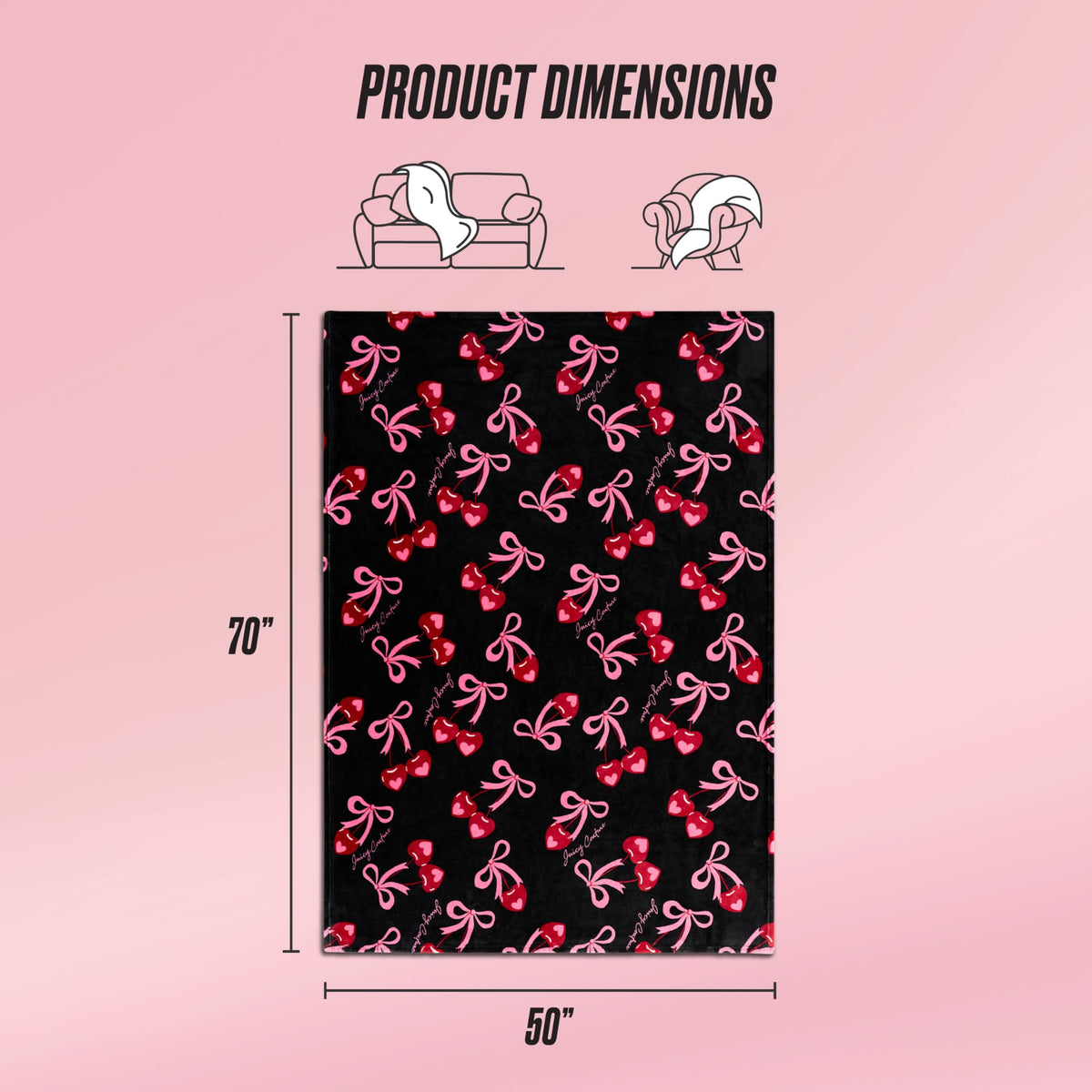 Juicy Couture Sweet Cherry Bows 50" x 70" Plush Throw Blanket, Black - Decorative Blankets for Sofas, Throws for Chairs, and Beds