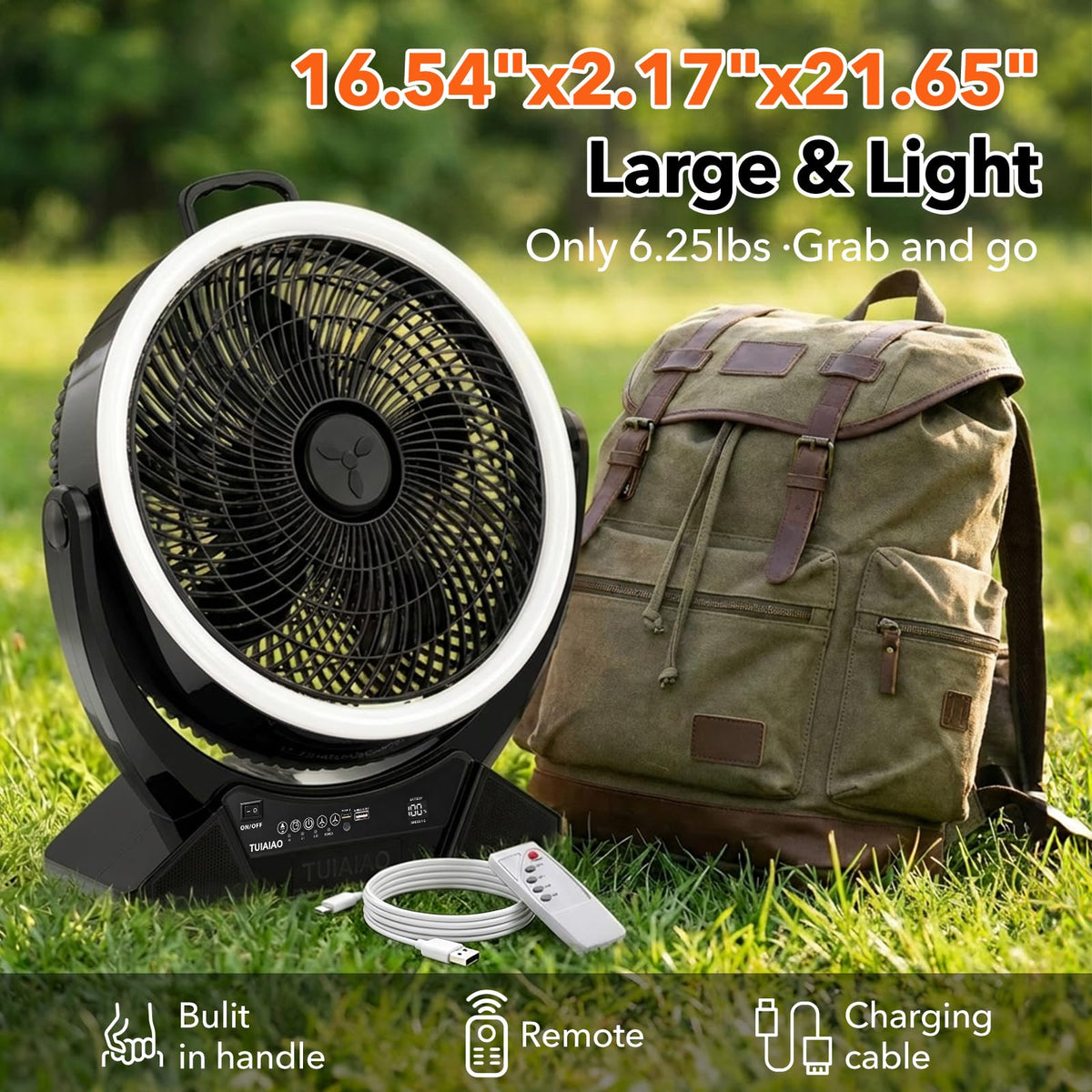 TUIAIAO Large 45000mAh Battery Operated Camping Fan Manual Tilt 50°, 12-Inch Blades Portable Rechargeable Outdoor Fan with 5 Speed, High Airflow, Cordless Floor Fan with Timer for Garage, Hurricane