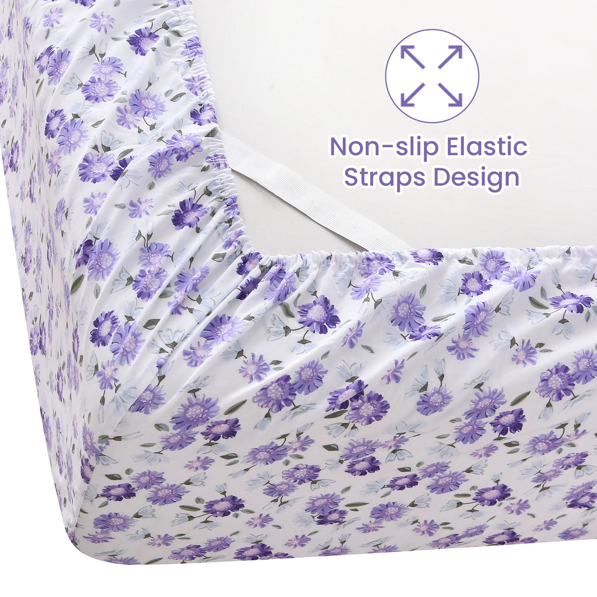 Softan Puple Floral Queen Sheet Set, 4-Piece Microfiber Printed Fitted Sheet with 15" Deep Pockets & Non-Slip Straps, White Flower Patterned Bedding Sheets & Pillowcase Set