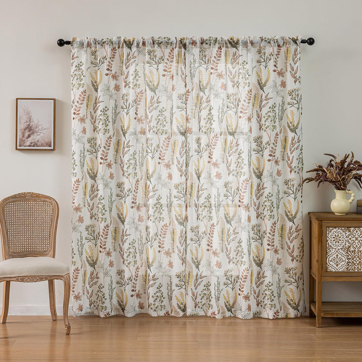 SUOUO Red-Brown Tropical Leaves Semi Sheer Curtains Linen Textured for Living Room Patterned Wildflower 84 inches Long Window Drapes for Dining Bedroom 2 Panels