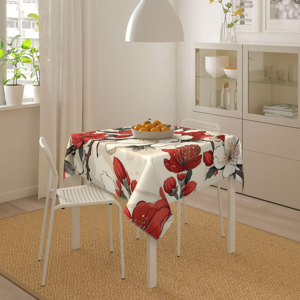DXTKWL Table Cloth Japanese White Red Cherry Blossom Square Tablecloth 55x55 in Washable Stain Resistant Table Cover for Dining Parties Indoor Outdoor