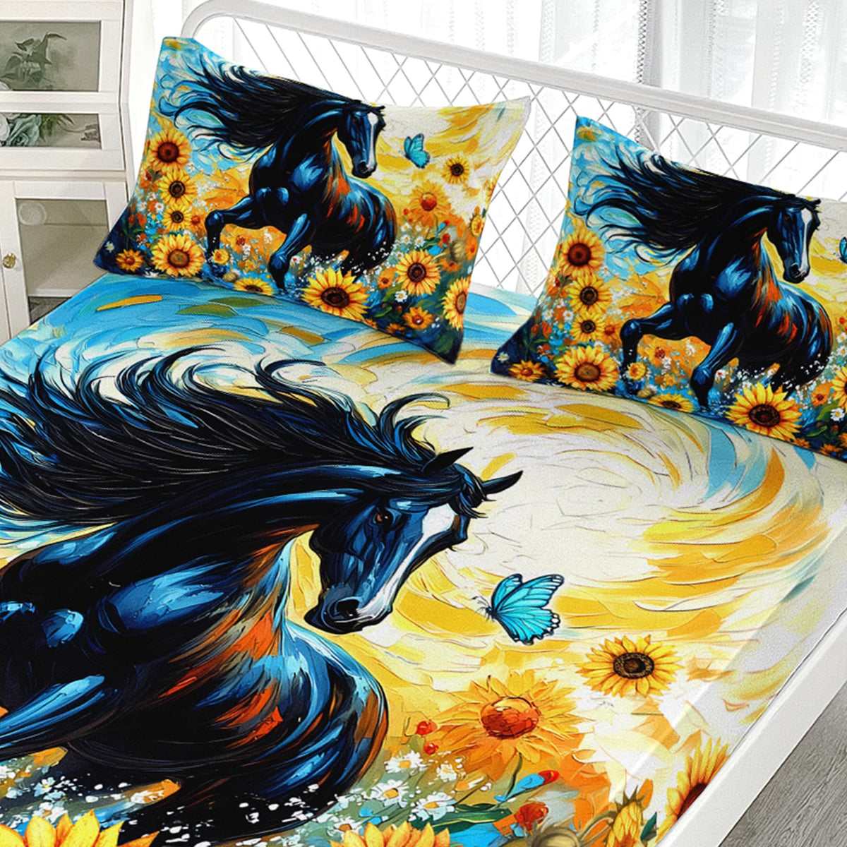 AILONEN Galloping Horse Bedding Sets for Kids Teens,Yellow Sunflower Floral Bed Sheets Set, Queen Size,Wildlife Animal Theme Fitted Sheet Set,1 Deep Pocket + 2 Pillowcase,Soft Breathable