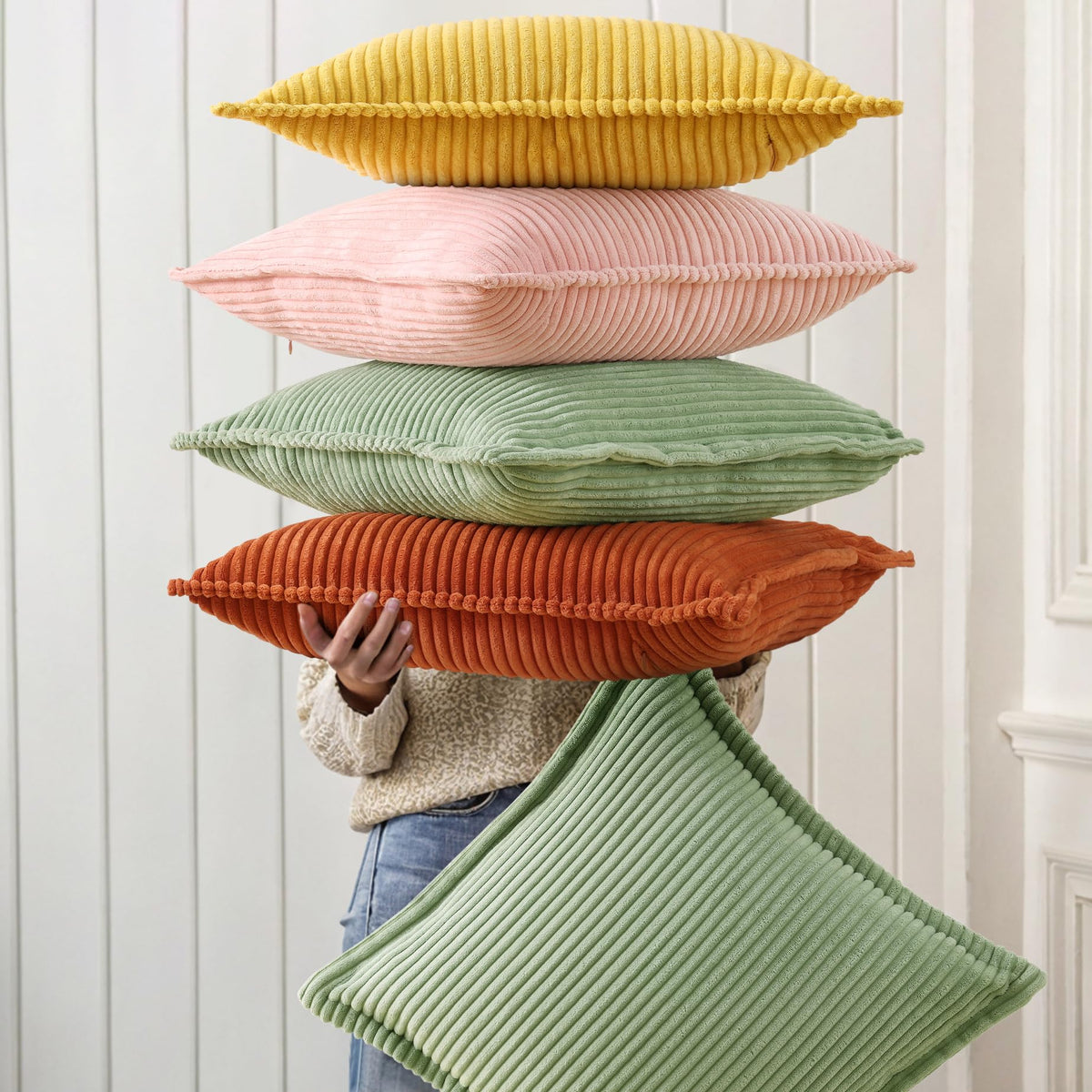 decorUhome Fall Corduroy Sage Green Euro Sham Throw Pillow Covers 22x22 Set of 2 Decorative Soft Boho Farmhouse Couch Pillow Covers for Living Room Bed Sofa Broadside Striped Pillow Cases
