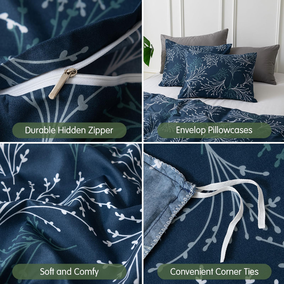 Lekesky Reversible Duvet Cover King Size, Navy Blue White Branch Comforter Cover King 3pcs Microfiber Botanical Bedding Set with Zipper Closure Corner Ties