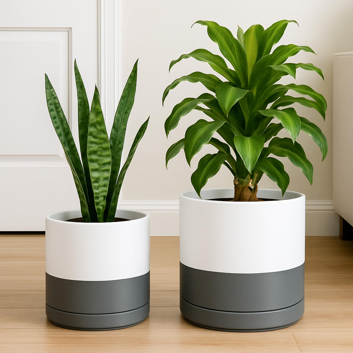 D'vine Dev 8.2 Inch & 10 Inch Ceramic Planter Pot for Plants with Drainage Hole and Saucer, Large Plant Pots Set, White/Speckled Grey, 94-G-L-6