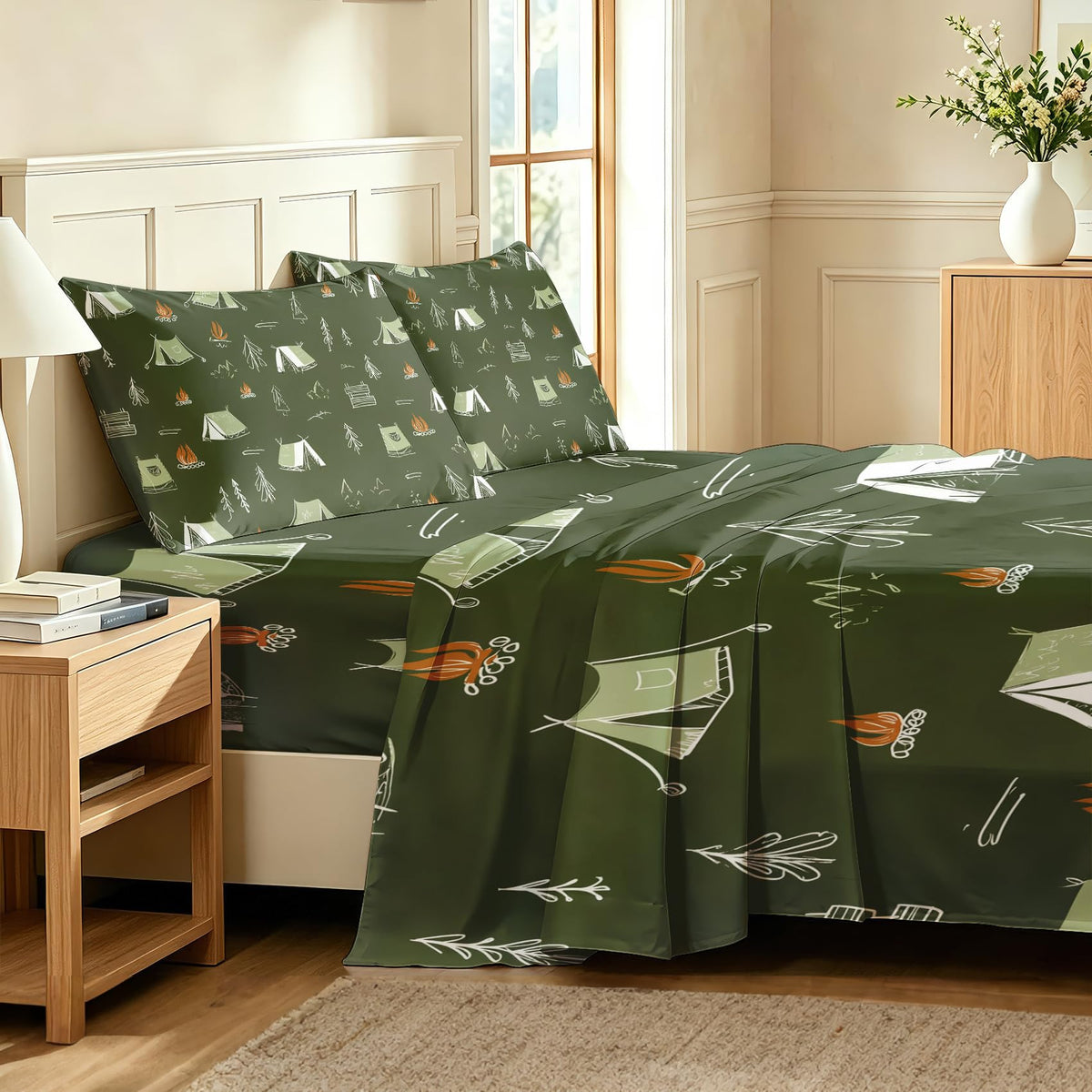 Camping Tent King Sheet Set Kids Flat Fitted Sheet Sets, Green
