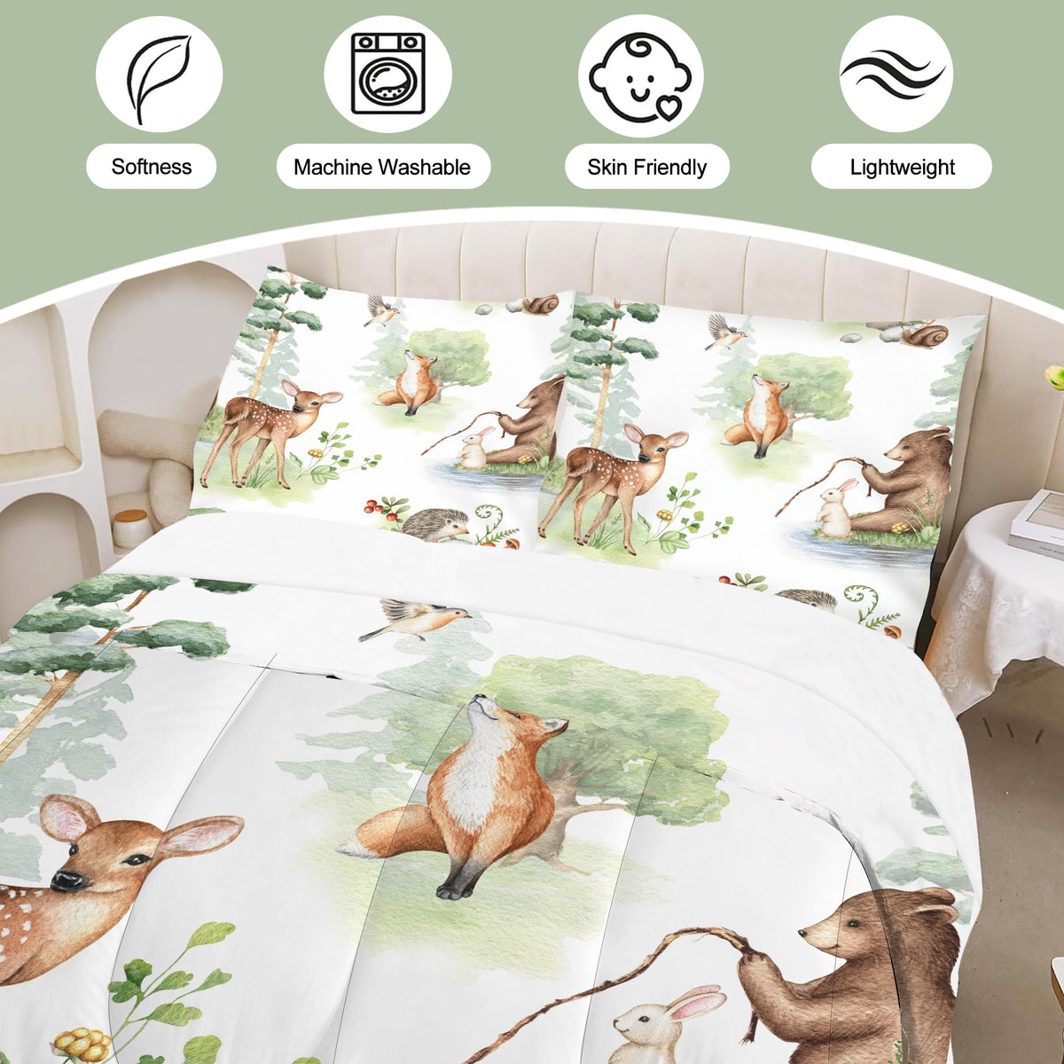 VTKON Wildlife Animals Comforter Set Twin for Kids Woodland Fox Deer and Bear Print Bedding Set Soft Cartoon Animal Print Bed Set White Green Forest Quilt Set with 1 Comforter + 1 Pillowcase
