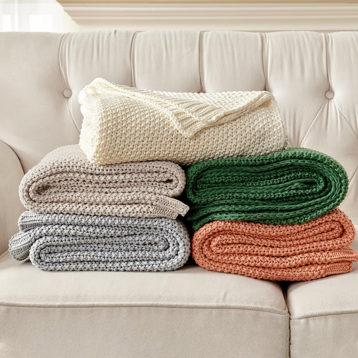Joydeco Chunky Cable Knit Throw Blanket, Lightweight 100% Cotton Soft Cozy Throw Twin Blanket for Couch Bed and Sofa, Rustic Breathable Farmhouse Blanket Gift for Women Men(Cream White, 51"x63")