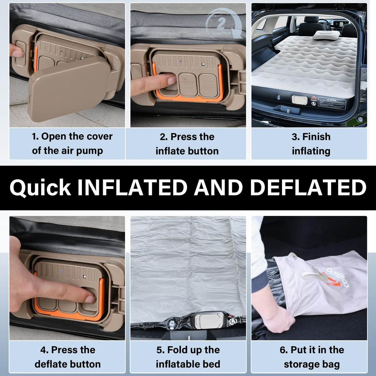 Coverado SUV Air Mattress, Thickened Flocked-Top Car Air Mattress with Wireless Built-in Pump, Pillows, Patch Kit & Carry Bag, Quick&Easy Set Up, SUV Mattress Camping Bed Universal fit for Most Cars