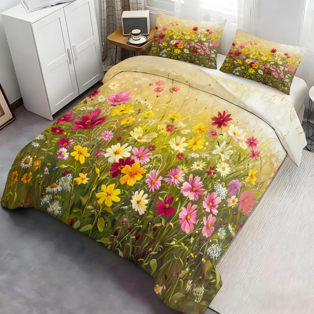 QINYUN Floral Comforter Set Oversized King, Vibrant Floral Bedding Set 3 Piece, Spring Wildflower Duvet Cover with Zipper & Ties, 2 Pillowcases