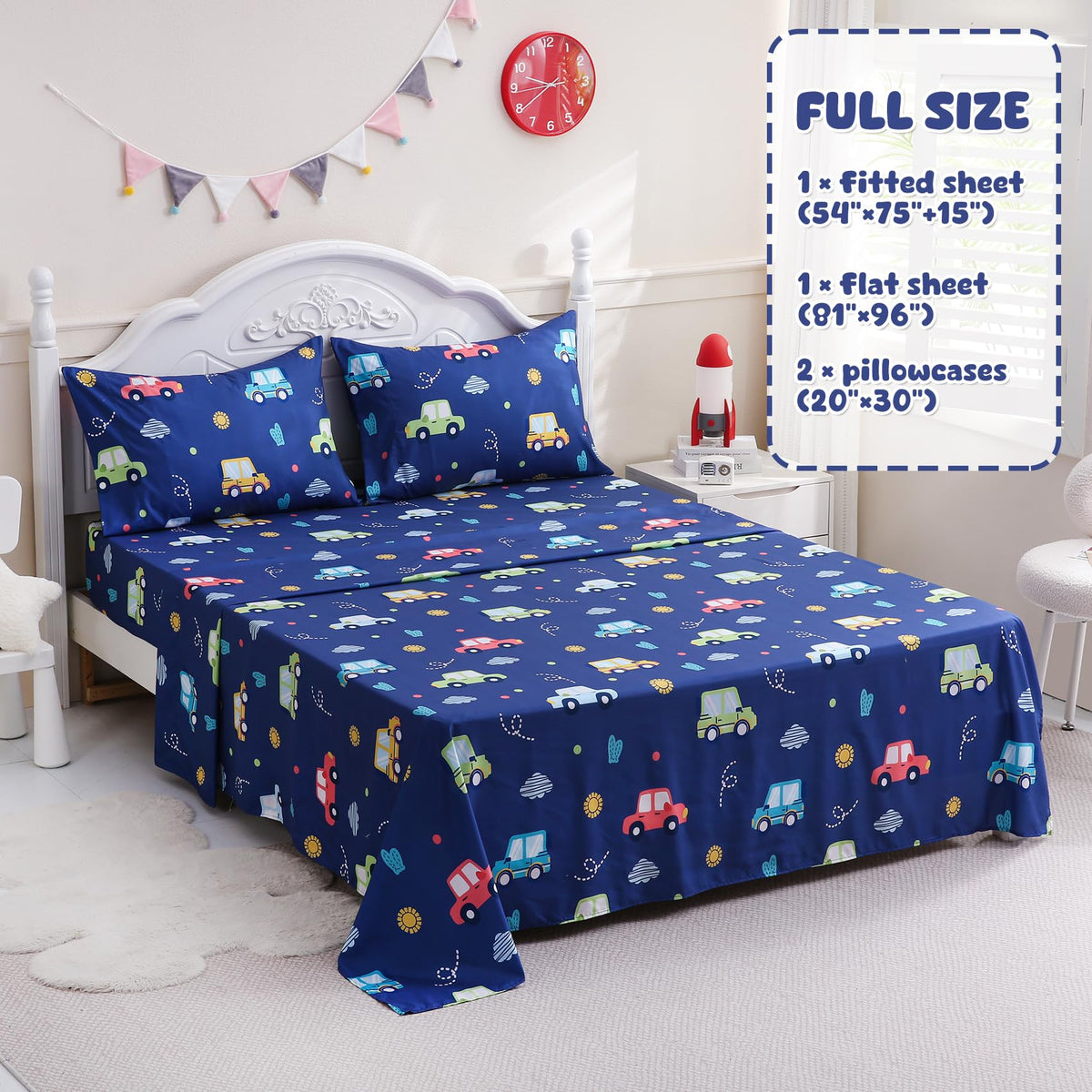 Ocharo Kids Sheet Set Full Size,Boys Sheet Set with Colorful Cars Pattern,Kids Cute Car Bed Sheet Navy Blue Soft Microfiber Deep Pocket Bedding Sheets and Pillowcases 4 Pieces.