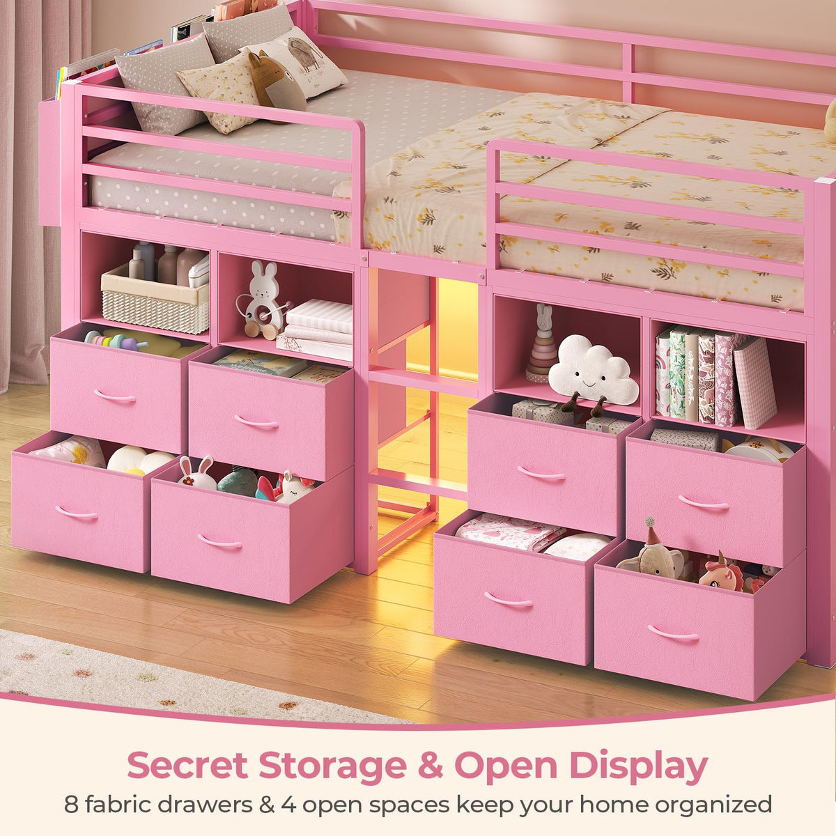 ADORNEVE Low Loft Bed Twin Size with 8 Storage Drawers, Twin Loft Bed with Bookcase and LED Lights, Metal Kids Loft Bed with 14" H Safety Guardrail, Under-Bed Play Space, No Box Spring Needed, Pink
