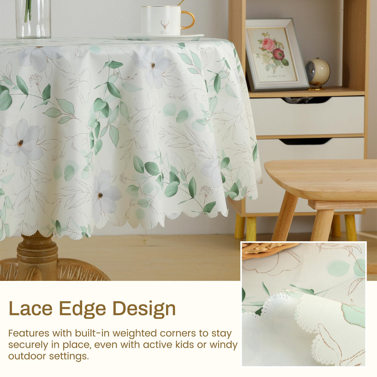 Fhberni Heavy Duty PVC Tablecloth with Vibrant Floral Prints Waterproof & Wipeable & Durable Plastic Table Cover for Parties, Weddings, Holiday Decor(Round 55'', Green 2)