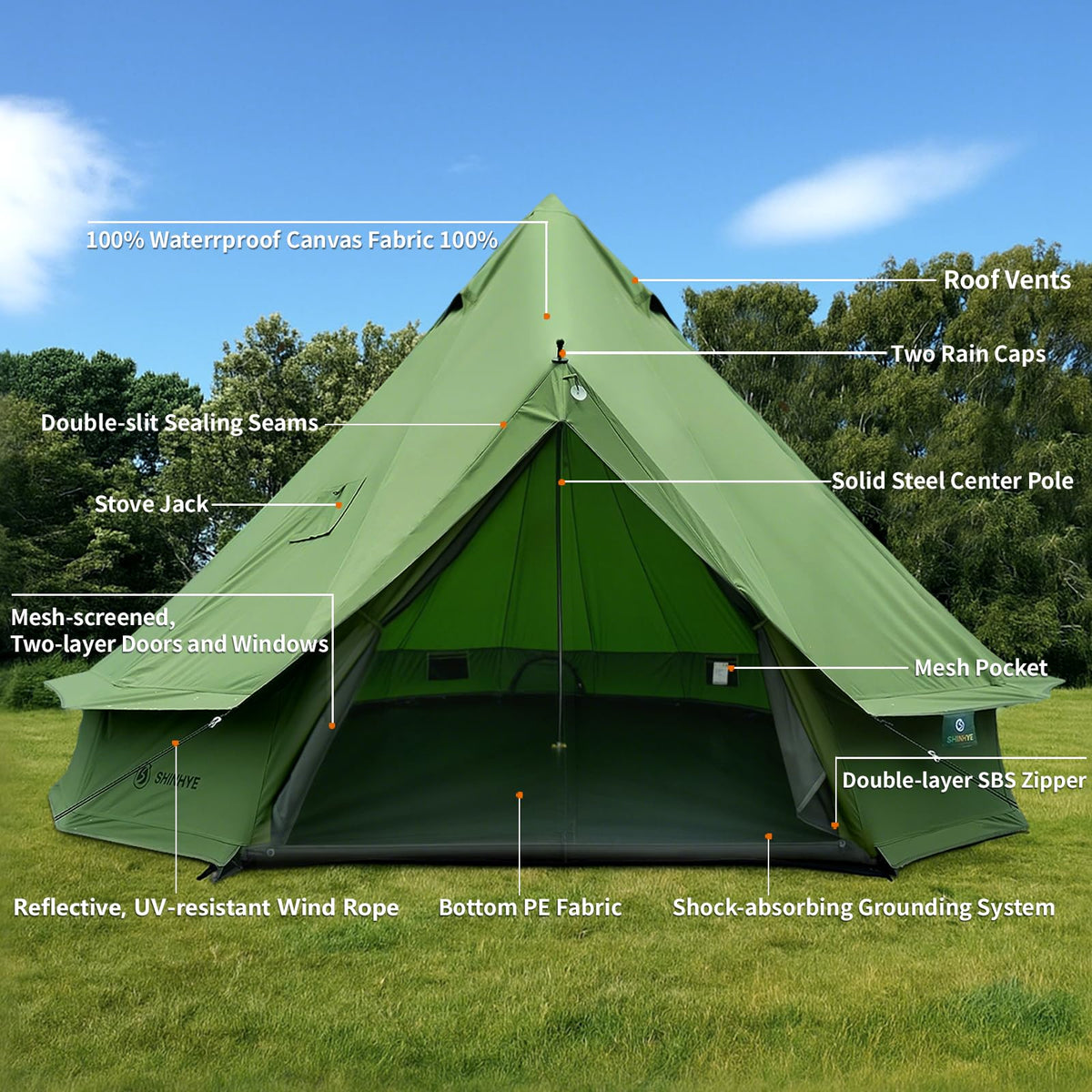 Canvas Bell Yurt Tent with Stove Jack, Waterproof Luxury 4 Season Tents for Family Outdoor Camping 100% Cotton Green Glamping Tents for Hunting, Partie, All Year Living (3M- 97 sq. ft yurt)