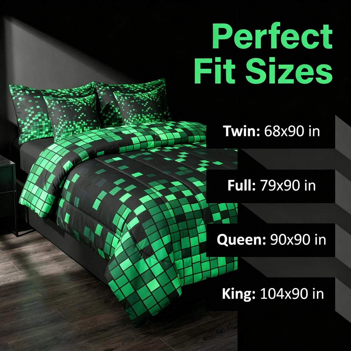 Feelyou Green Black Pixel Art Comforter Set with Sheets 7 Piece Twin Size Gamer Bedding Set for Kids Boys Girls Retro Pixel Bed in a Bag Nostalgic 8-bit Room Decor Soft Lightweight Microfiber