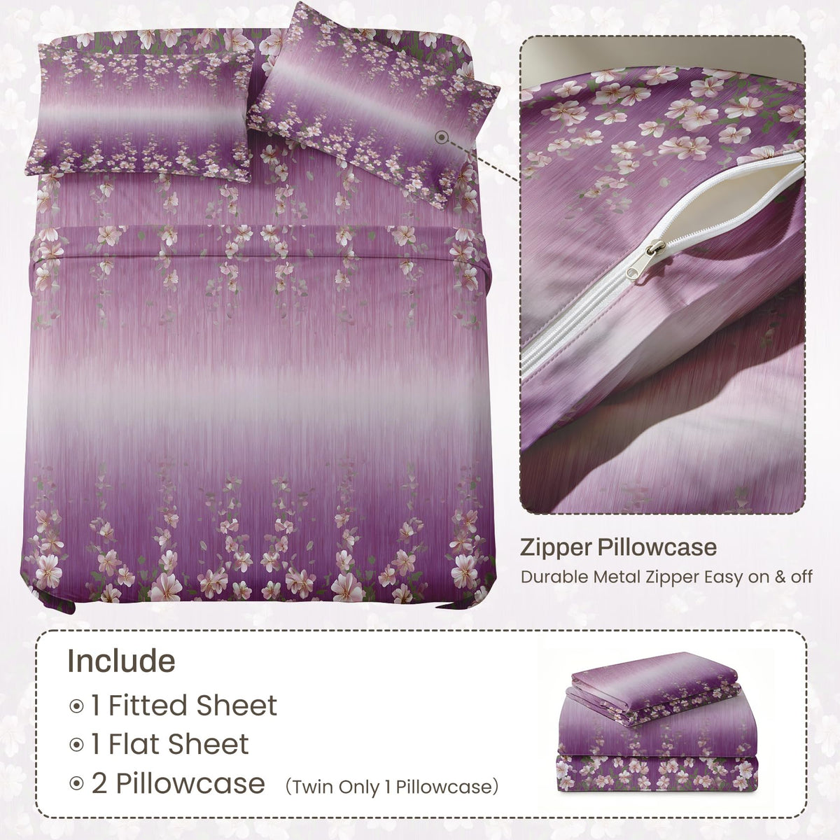 Girls Flower Full Sheet Set 4 Pcs Purple Gradient Bed Sheets