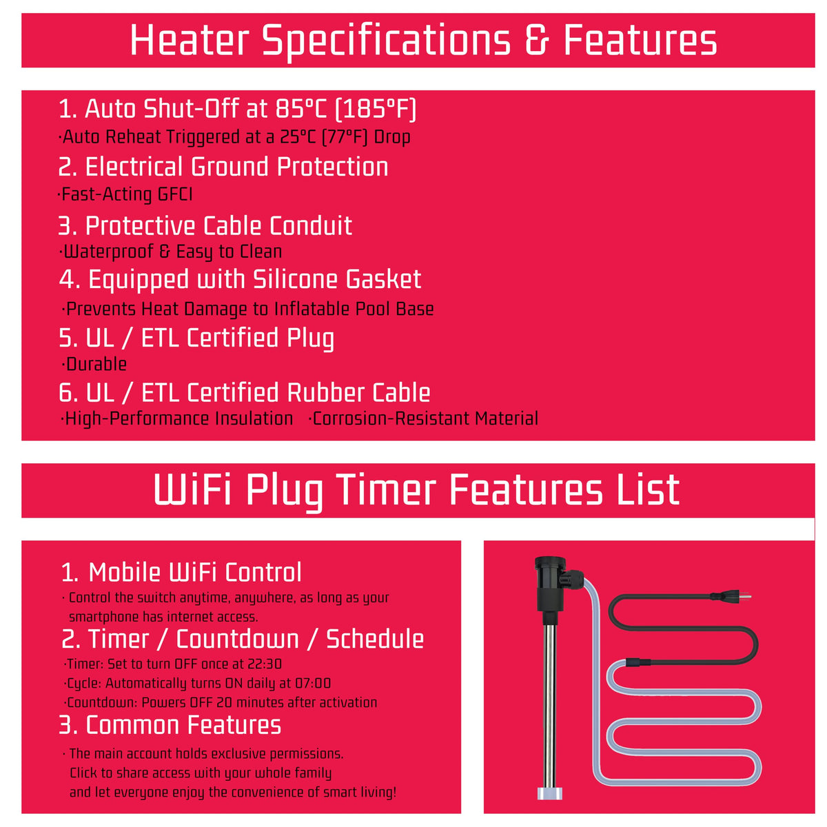 YLboyLIAN 1500W Titanium Immersion Water Heater for Pool & Hot Tub – Portable Electric Submersible Heater with Temp Control, Auto Shut-Off &WiFi Timer for Spa, Bathtub, Above Ground Pool and Baptistry