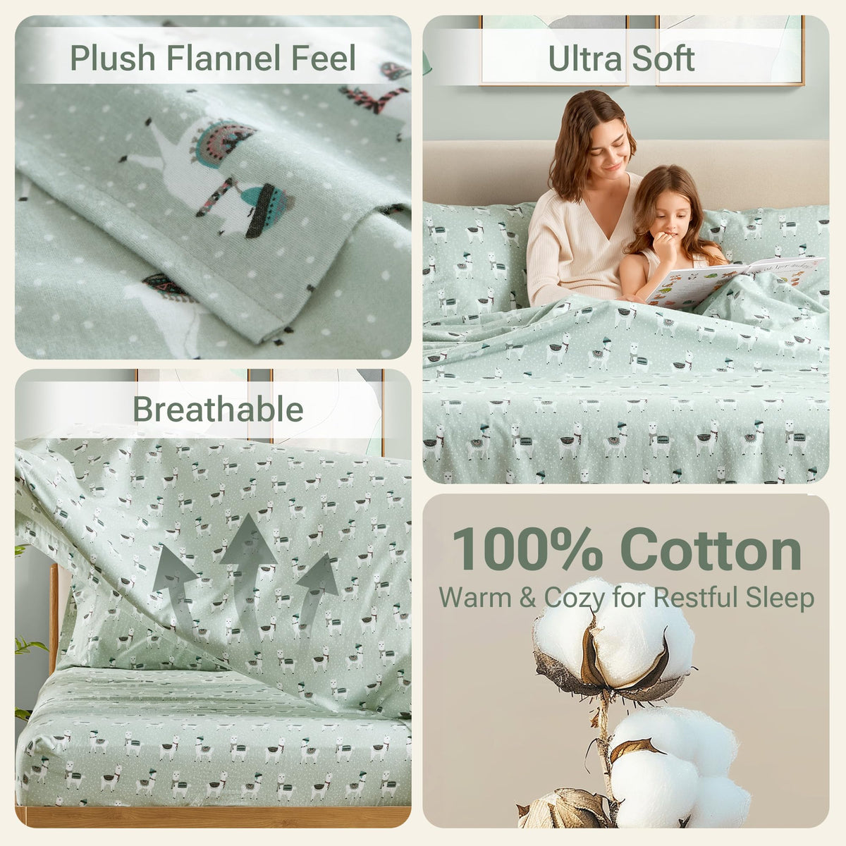 True North by Sleep Philosophy Flannel Sheets Queen Size, Cozy 100% Cotton Flannel Bed Sheets, Ultra Soft Cute Sheet Set, Novelty Print Themed Cold Weather Warm Bedding Set, Seafoam Llama 4 Piece