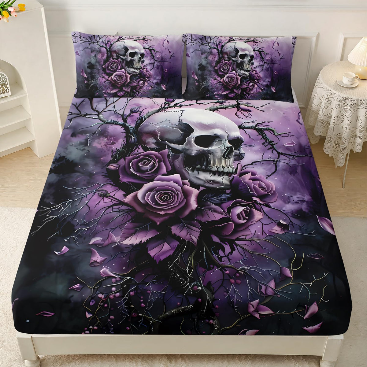 HOSIMA Death Skull Fitted Sheet Full,Skull Surrounded by Flowers Print Gothic Bedding Set,Branch Pattern Horror Themed Halloween Bedding for Boys Girls Room Decor,1 Fitted Sheet+2 Pillowcases.