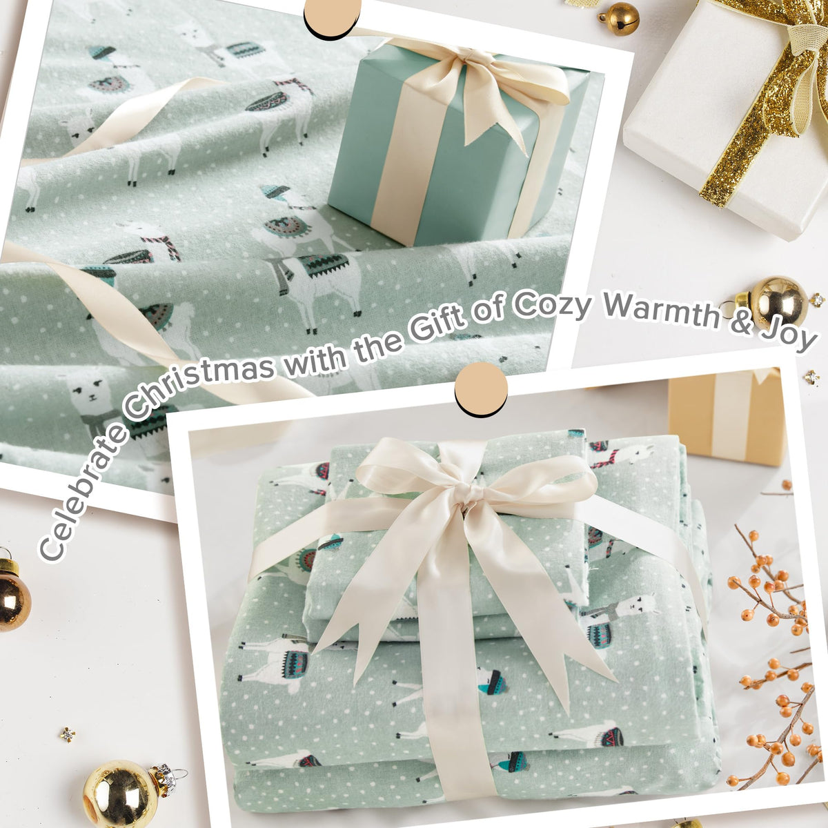 True North by Sleep Philosophy Flannel Sheets Queen Size, Cozy 100% Cotton Flannel Bed Sheets, Ultra Soft Cute Sheet Set, Novelty Print Themed Cold Weather Warm Bedding Set, Seafoam Llama 4 Piece