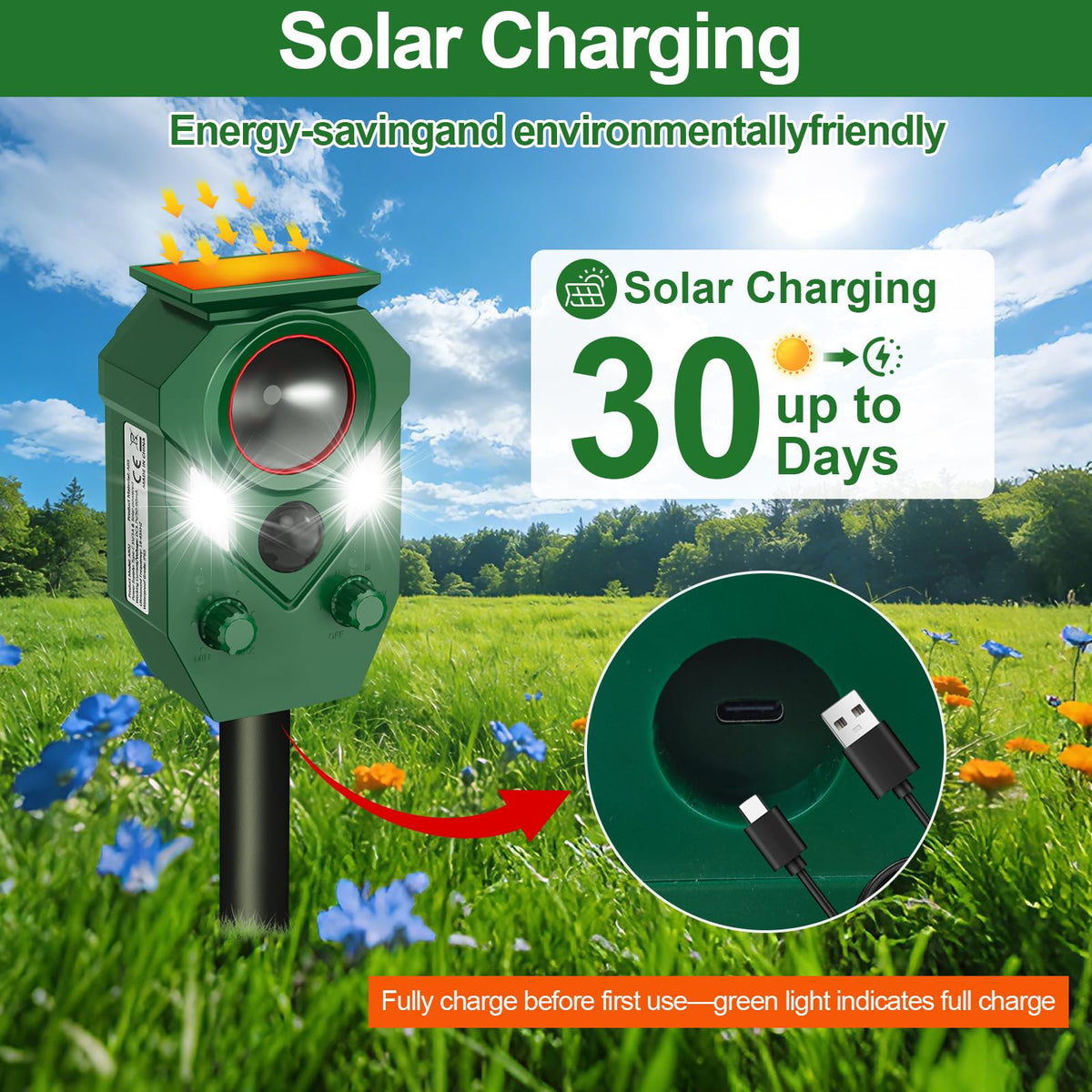 Ultrasonic Animal Repeller Outdoor,Cat Repellent & Deterrent with PIR Sensor & Flashing Light,Solar Powered Deer Repellent Device for Squirrels,Raccoons,Skunks,Rabbits,and Dog,IP65 Waterproof - 4 Pack