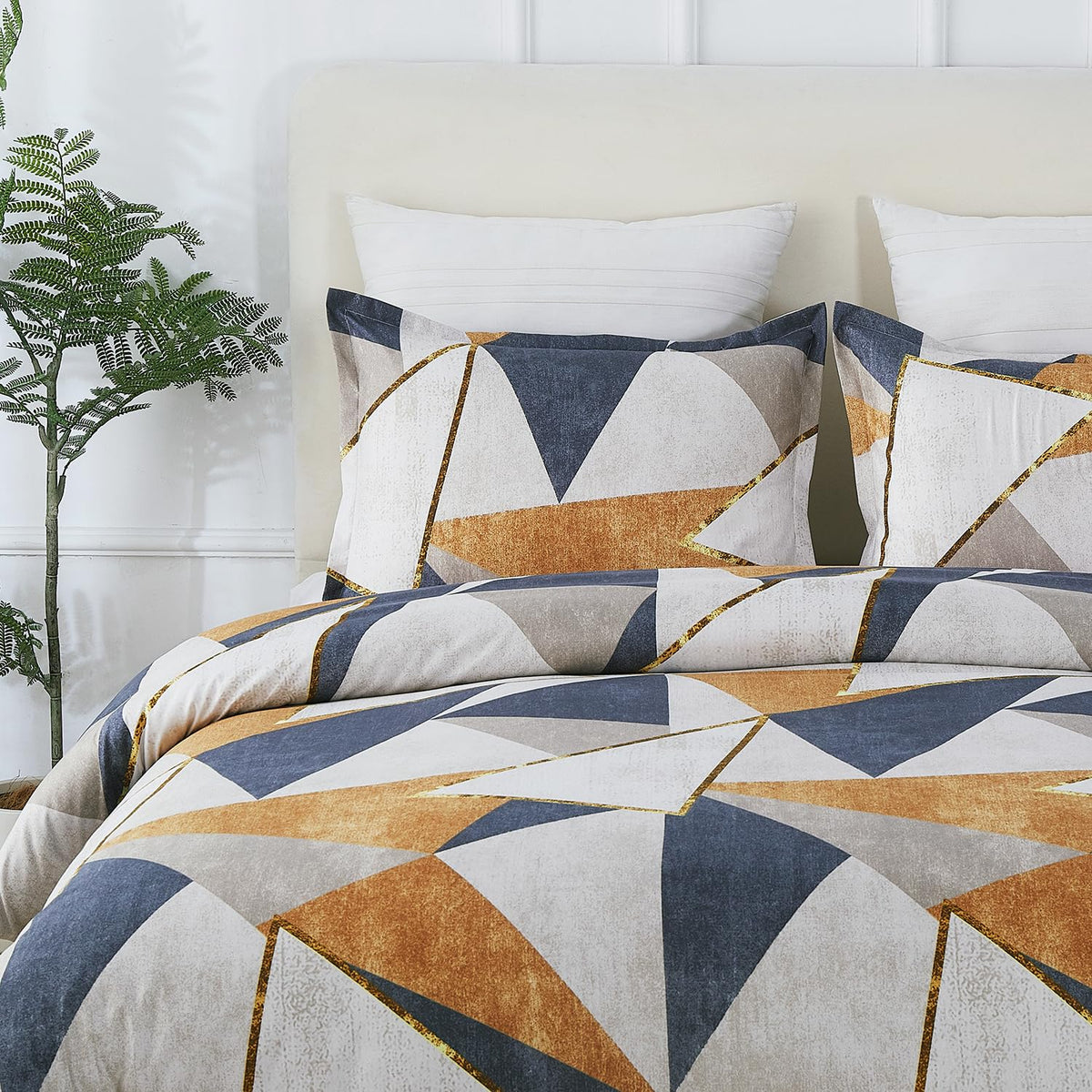 Vaulia Soft Microfiber Duvet Cover Set Queen, Modern Navy Brown Geometric Print Pattern Design All Season, 3-Piece Set with 1 Duvet Cover 2 Pillow Shams