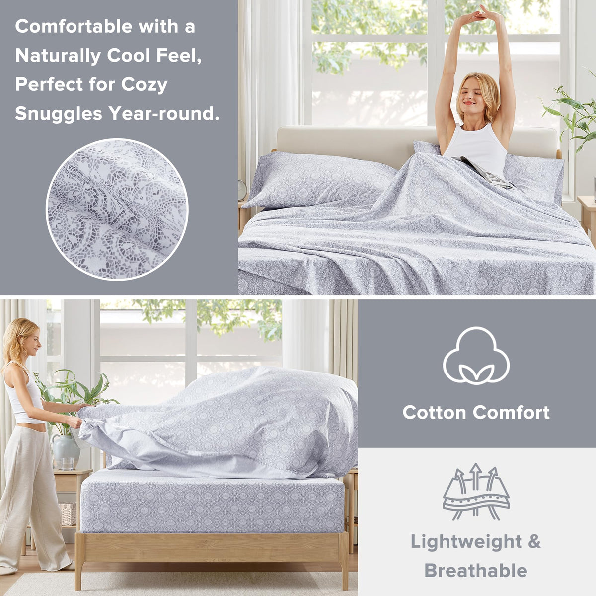 Comfort Spaces 100% Cotton Sheet Set Breathable, Lightweight, Soft with 12" Elastic Pocket Fits up to 14" Mattress, All Season Cozy Bedding, Matching Pillow Case, Twin Adelia Gray 3 Piece