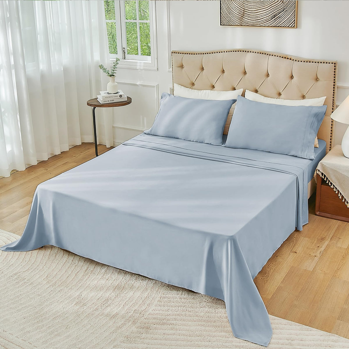 Yibeizi Queen Sheet Set Cooling Sheets Deep Pocket Queen Size Bed Sheets Set, Light Blue Soft Microfiber Oeko-Tex Sheets & Pillowcases Hypoallergenic Wrinkle Free Bedsheets