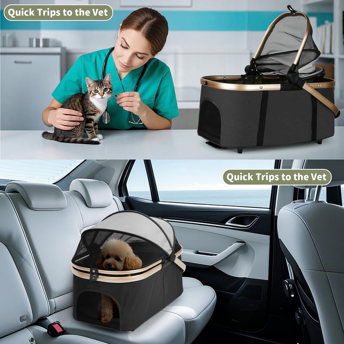 Double Pet Stroller for Dogs and Cats: Dog Stroller Foldable Travel Carriage with Detachable Carriers, Safety Belts, and 4 Lockable Wheels for Small to Medium Pets – Ideal for Multi-Pet Homes (Black)
