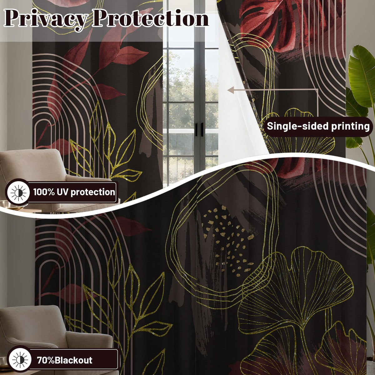 soeeao Boho Dark Brown and Gold Leaf Blackout Curtains, Bohemian Mid Century Modern Chocolate Brown Palm Window Drapes for Bedroom Living Room, 63 inch Length 2 Panels Set, 52x63 inch