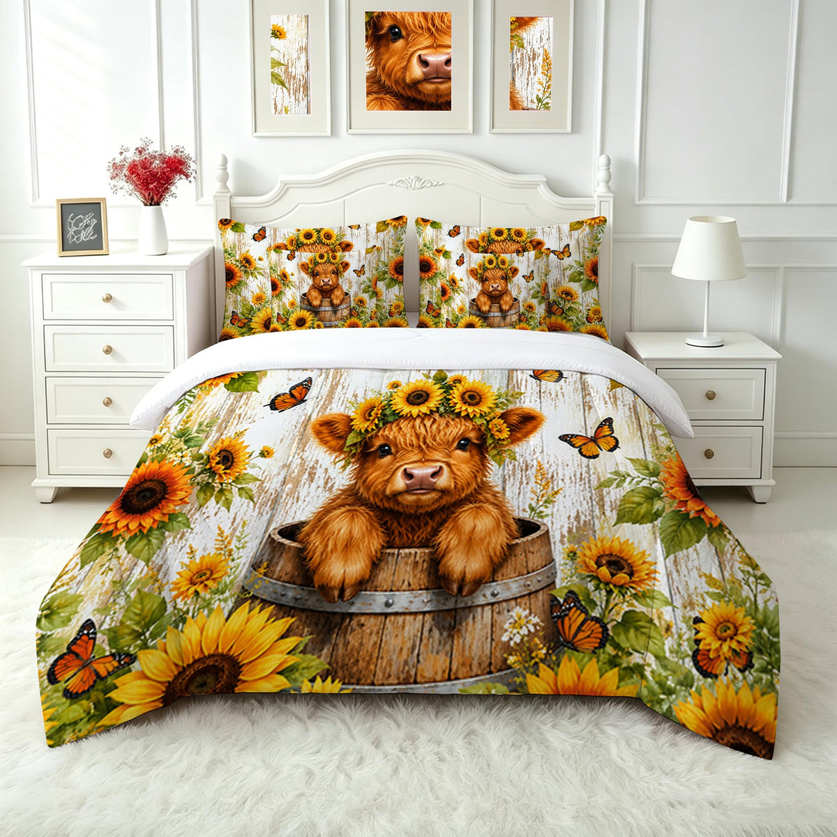 FUYEUN 7 Pcs Farmhouse Animal Bedding Comforter Set Queen Size, Kawaii Highland Calf in Barrel Print,Bed in a Bag with Flat Sheet & Pillowcases,Children Bedroom Decor
