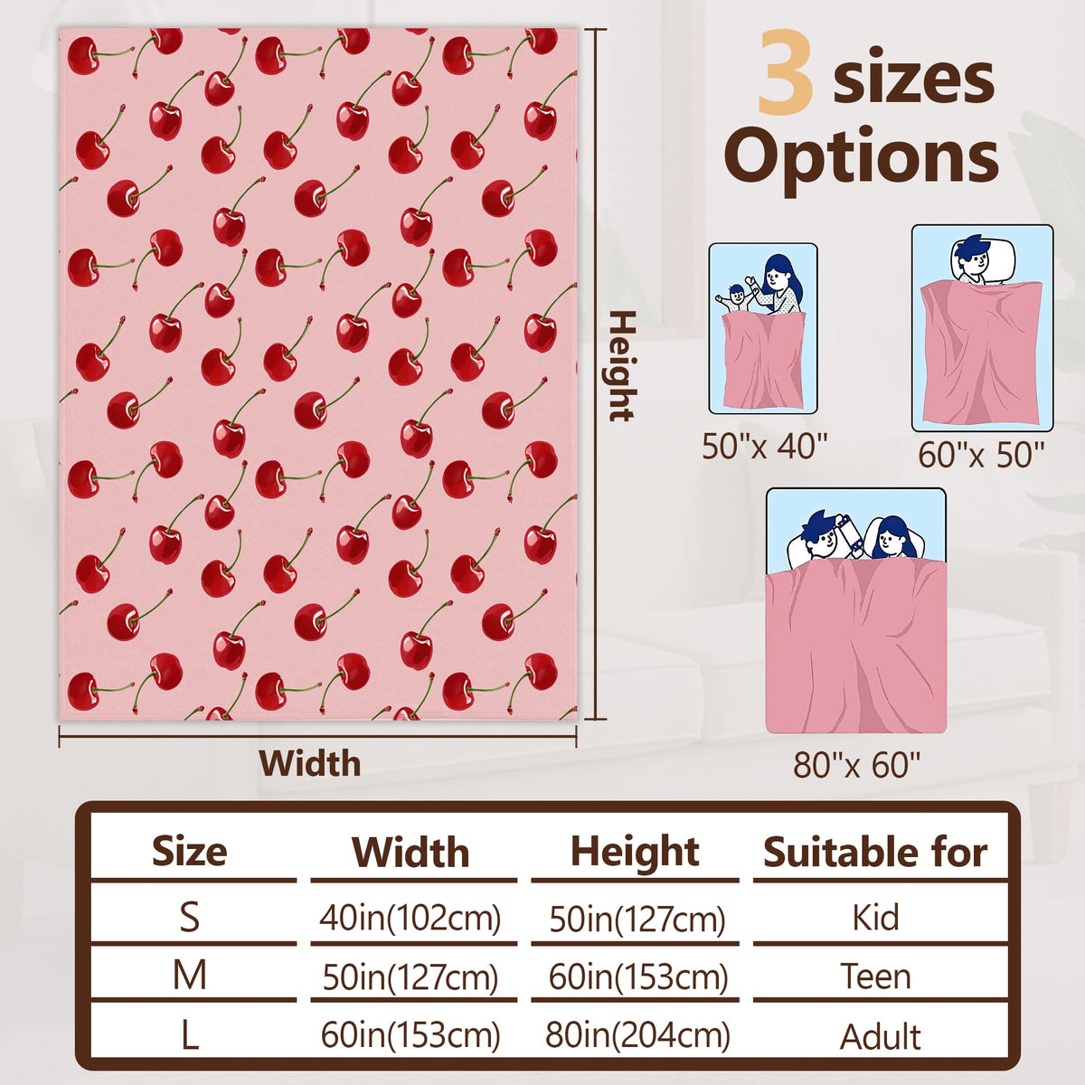 Snowmolle Sweet Cherry Fall Throw Blanket,Pink Girls Cozy Plush Fluffy Blanket for Living Room Decor,Lightweight Fleece Throws for Couch,Bed,Traveling,Naps,Reading,50 X 60 Inch