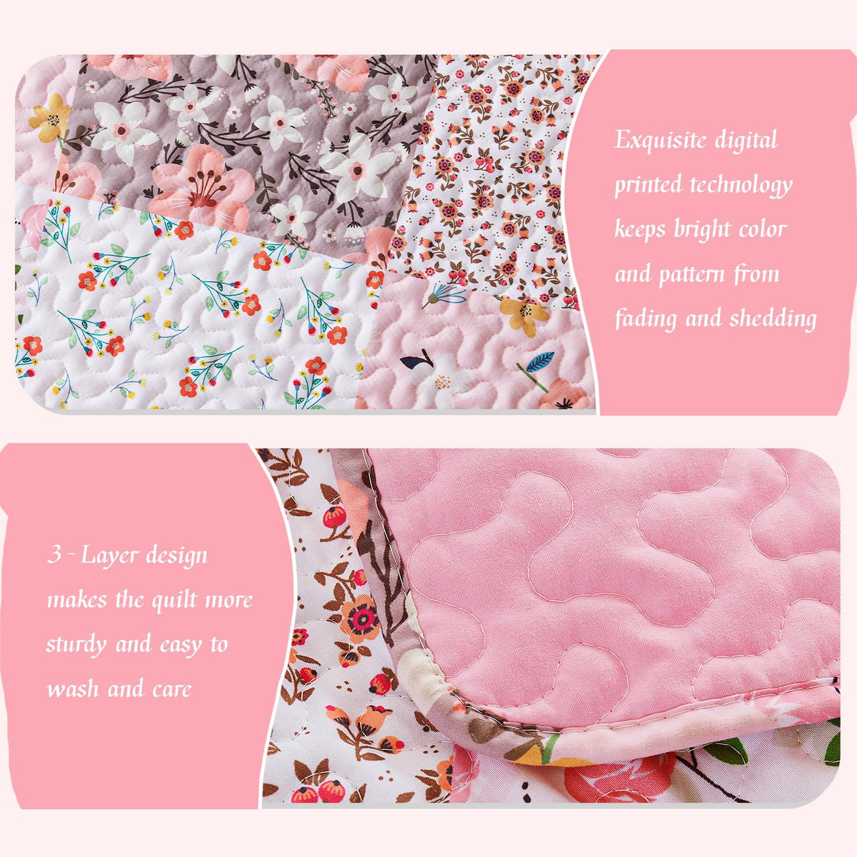 Whale Flotilla Patchwork Quilt King Size, Extra Soft Boho Floral Bedspreads for Bed Reversible Lightweight King Quilt Bedding Set Printed Coverlets with 2 Pillow Shams for All Seasons, Pink