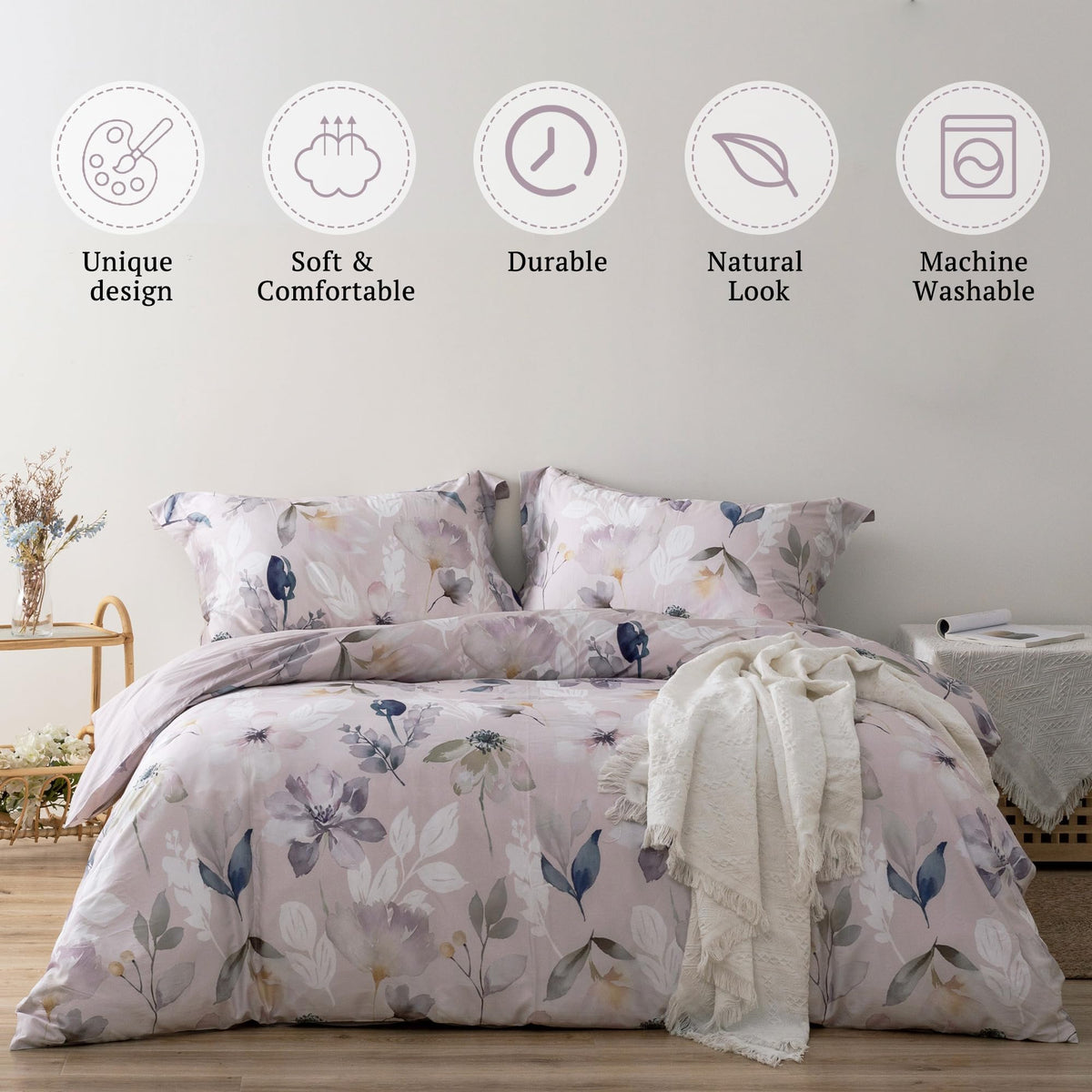 MILDLY 100% Long-Staple Cotton Duvet Cover Set Light Gray Pink Floral Leaf Pattern Printed Comforter Cover 3pcs, Ultra Soft & Breathable Bedding Set