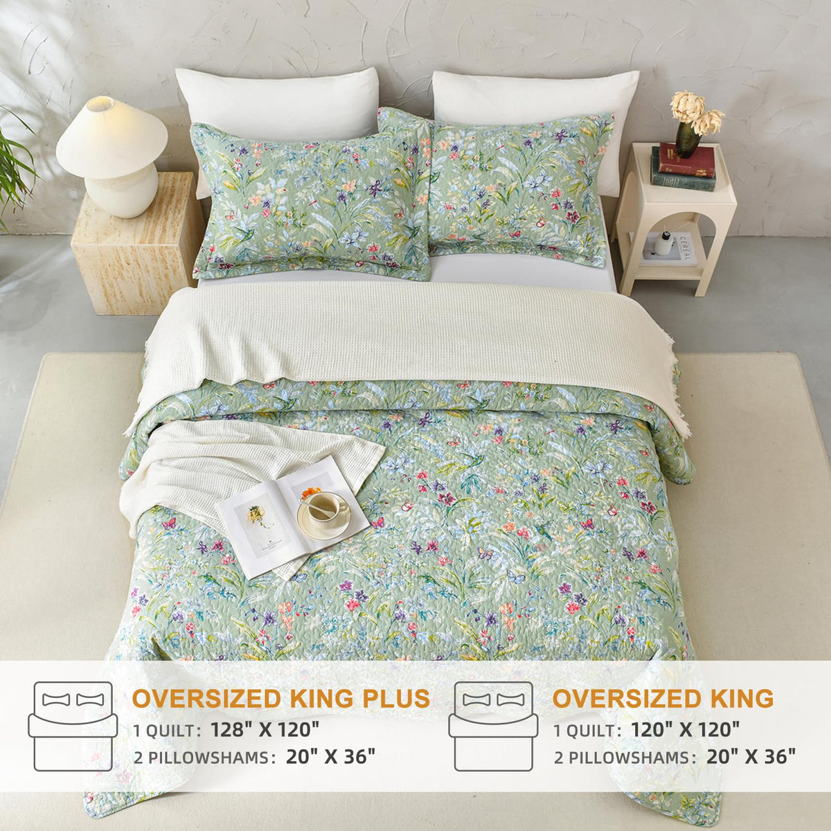 Sanracie Oversized King Bedspread(128"x120"),100% Cotton Green Floral Quilt Set 3Pcs Lightweight Flower Bird Butterfly Print Botanical Bedding Coverlet California King Size Extra Large Wide
