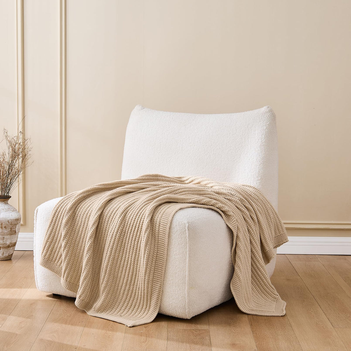 Chunky Knit Beige Throw Blanket for Couch Soft Cozy Thick Cable Knitted Throw for Sofa Bed Cute Decorative Blanket for Living Room,50"x 60",Ginger Beige
