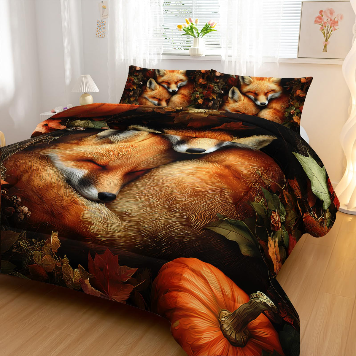 Nttopship Fox Comforter Set 3-Pieces Full Size,Cute Foxes Bedding Set for Kids Boys Girls Cute Animal Comforter Wildlife Quilt Set 3D Animal Plants Leaves Printed ThemeComforter with 2 Pillowcases