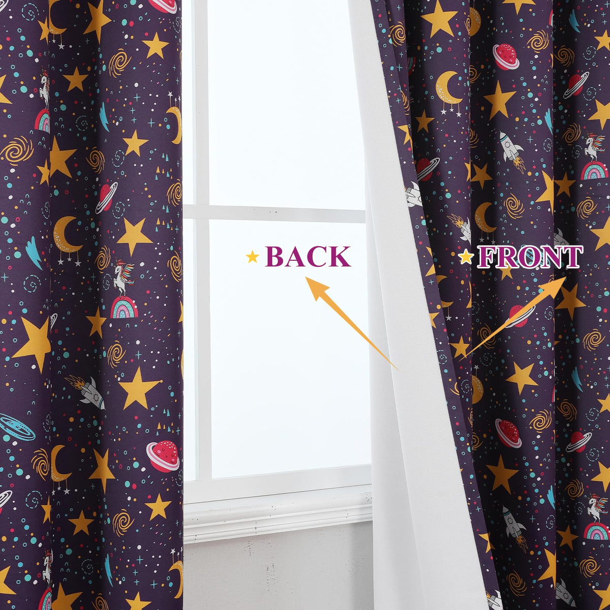 Estelar Textiler Unicorn & Rocket Theme Purple Blackout Curtains 72 Inch Long 2 Panel, Room Darkening Thermal Insulated Drapes for Nursery Bedroom, Star Moon Curtains Decor for Kids Room, 38x72 inch