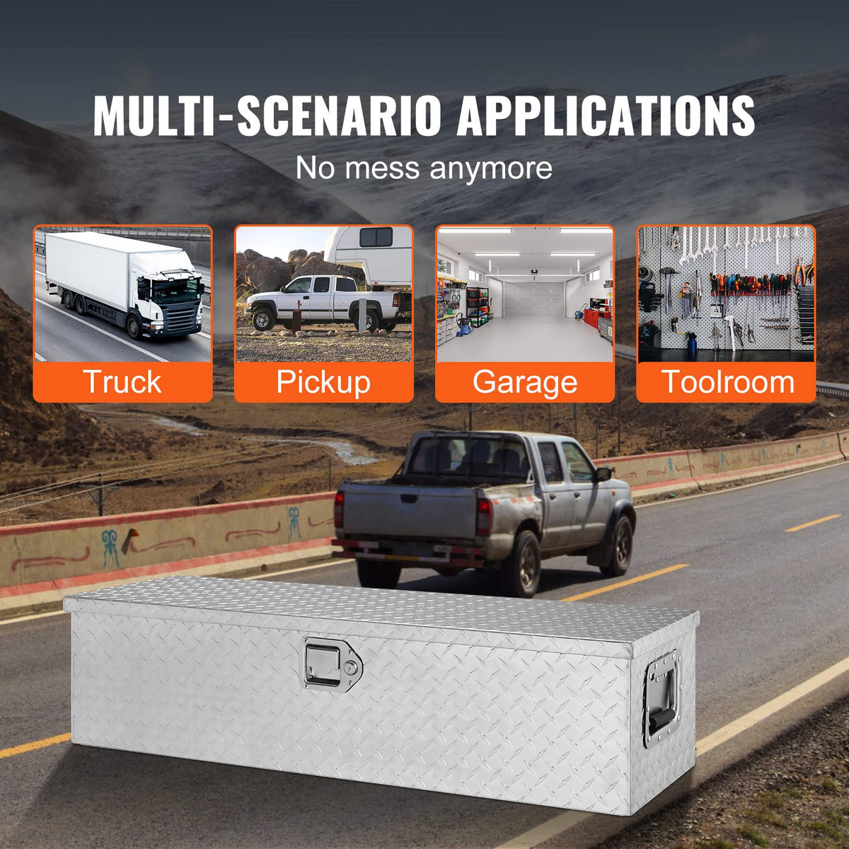 VEVOR Heavy Duty Aluminum Truck Bed Tool Box, Diamond Plate Tool Box with Side Handle and Lock Keys, Storage Tool Box Chest Box Organizer for Pickup, Truck Bed, RV, Trailer, 39"x13"x10", Silver