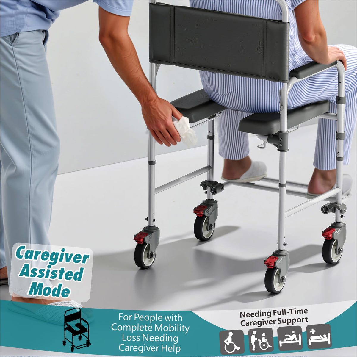 Littneo Bedside Commode with Wheels, Shower Wheelchair with 300 LBS Weight Capacity, Portable Toilet with Bucket for Elderly and Disabled