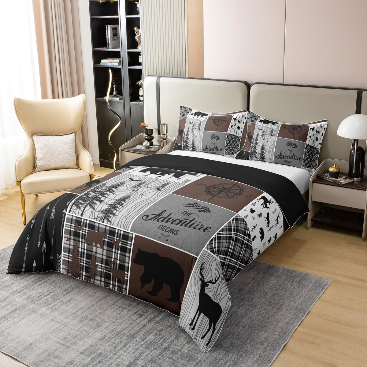 Erosebridal Hunting Deer Bear 100% Cotton Duvet Cover Retro Rustic Farmhouse Comforter Cover Queen Size for Kids Woodland Animal Bedding Set Wildlife Lodge Decor Bedclothes for Boys Teens Adult Room